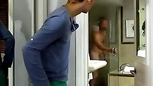 Young sexy stepson is close by total awe of his beefy stepdad as he enters the house after his morning run