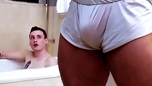 Showerbait fat dick interracial shower fuck with facial