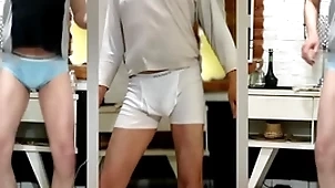 Hombre maduro le gustan las trusas de nylon para mostrar el paquete